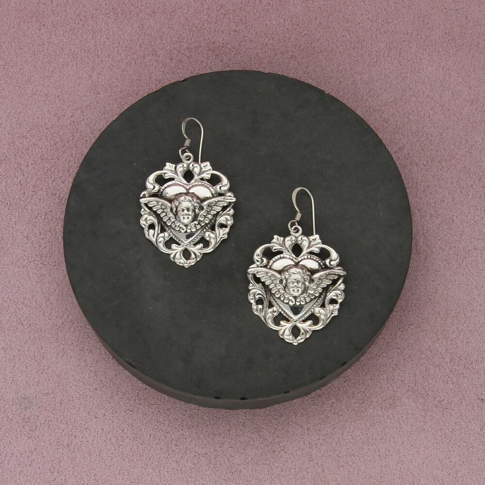 sterling silver vintage cherub angel scroll heart dangle earrings